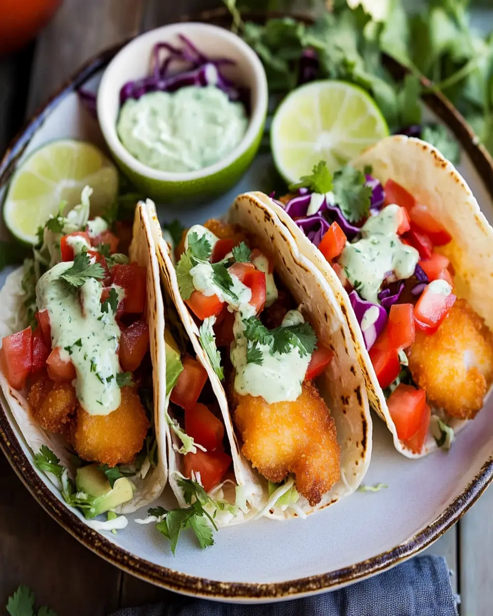 Crispy Beer Battered Baja Fish Tacos with Creamy Cilantro Sauce First Image First Image