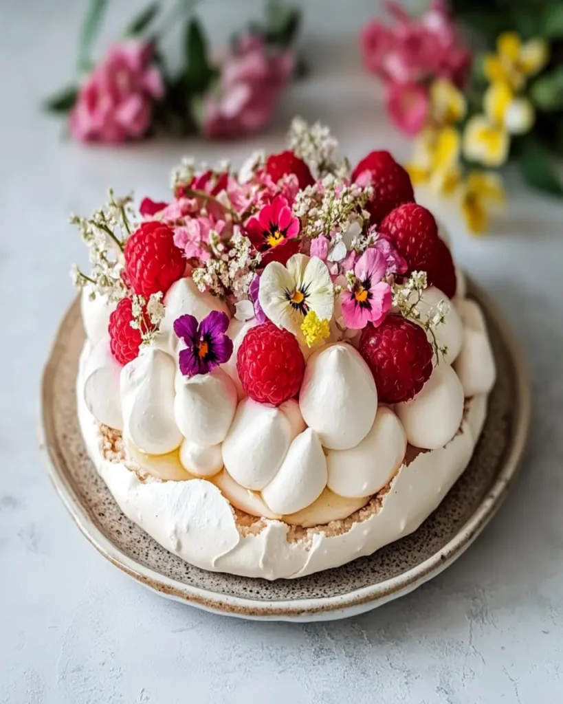 Easter Pavlova with Raspberries and Edible Flowers First Image First Image